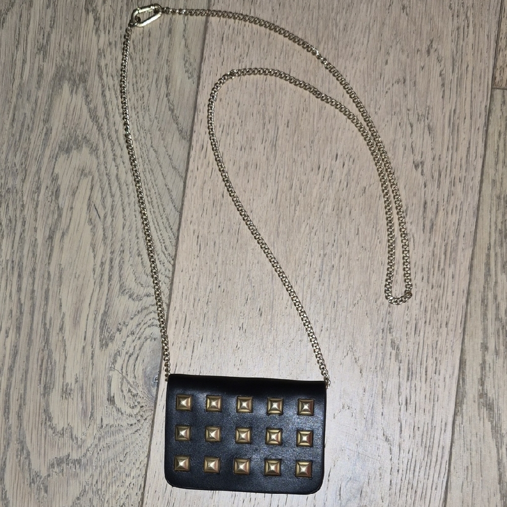 All Saints Black Studded Crossbody with Gold Chain